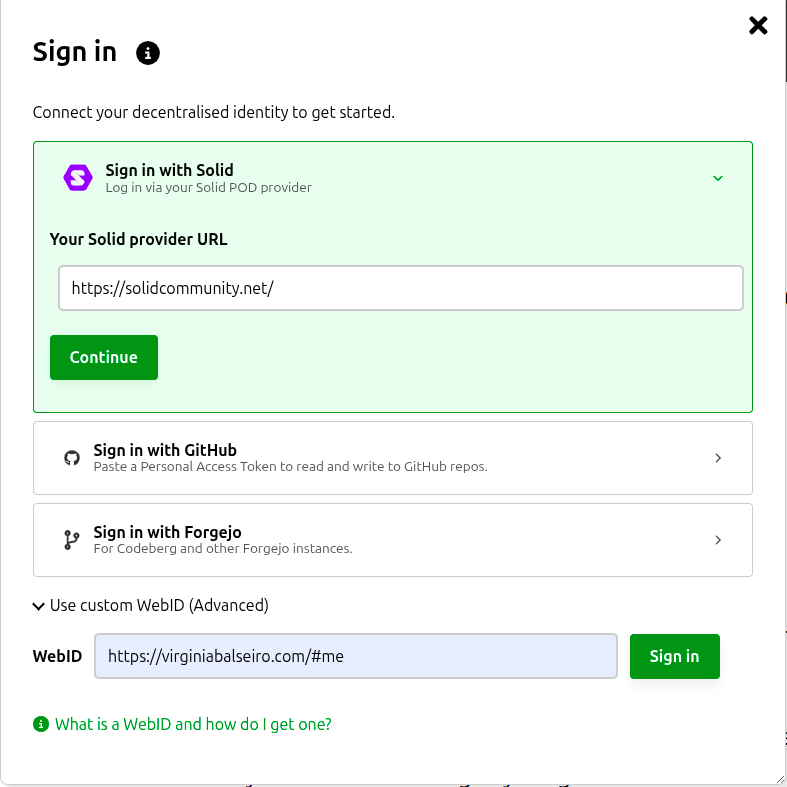 Screenshot of dokieli sign in panel with alternatives such as Solid, GitHub, Forgejo/Codeberg, and a self-hosted WebID