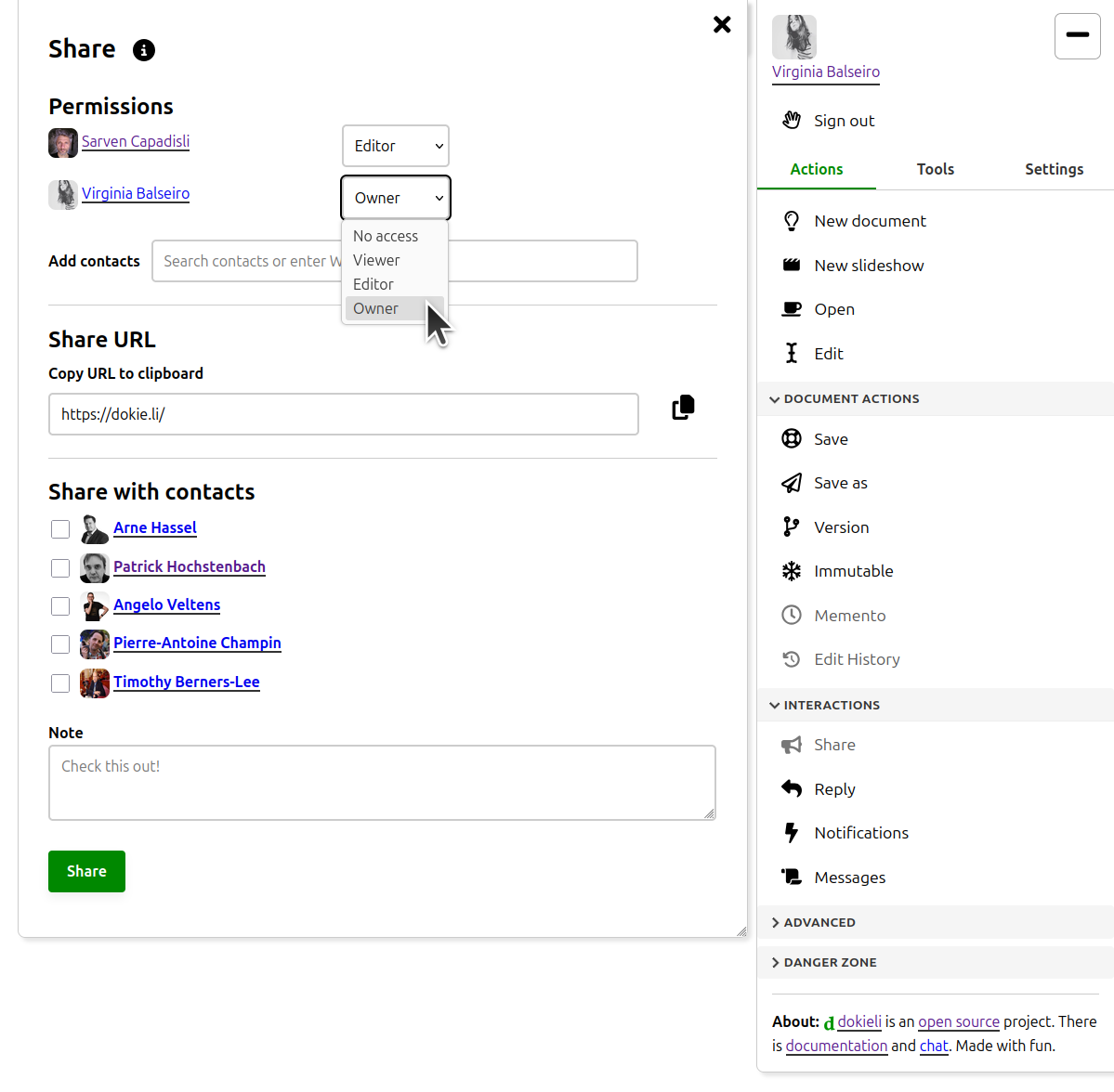 Screenshot of dokieli's share panel, where user can change access permissions on a document and share it with their contacts
