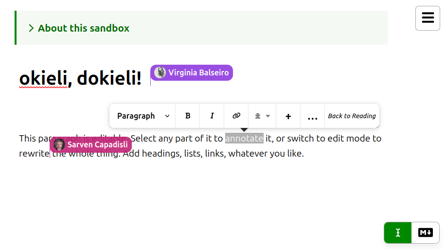 Screenshot of dokieli during a collaborative editing session between two people on the sandbox demo